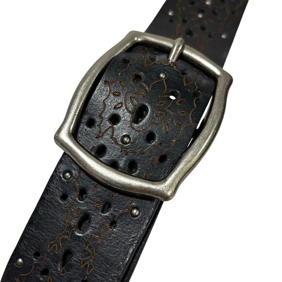 Black leather belt top stitch details laser cut nickel silver buckle & studs 42\